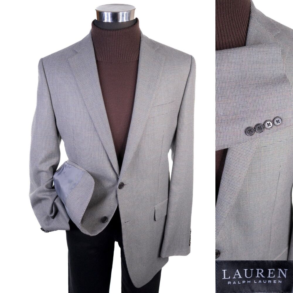Ralph Lauren Mens Blazer Sz 40L Sport Coat Jacket Poly Blend 2-Btton Houndstooth